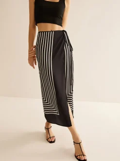Clearance Geometric Pinstripe Satin Wrap Tie Skirt Skirts|Matching Sets
