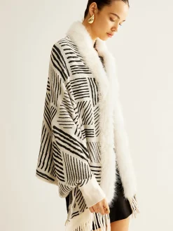 Clearance Geometric Striped Tassel Knit Minky Shawl Outerwear|Outerwear