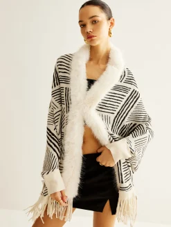 Clearance Geometric Striped Tassel Knit Minky Shawl Outerwear|Outerwear