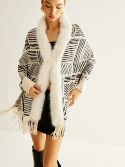Clearance Geometric Striped Tassel Knit Minky Shawl Outerwear|Outerwear