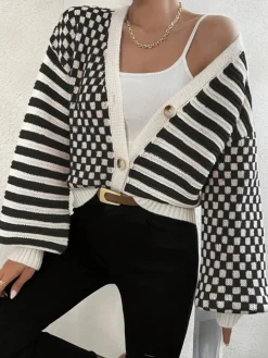 Discount Geometric-Pattern Crop Knit Outerwear Sweater Tops|Outerwear