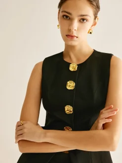 Outlet Golden Button Piping Vest Outerwear|Vests