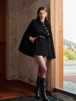 Best Golden Button Pockets Belted Cloak Outerwear|Outerwear