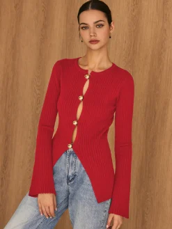 Online Golden Button Split Knit Top Sweater Tops|Sweaters & Cardigans