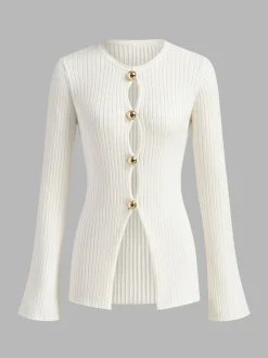 Online Golden Button Split Knit Top Sweater Tops|Sweaters & Cardigans