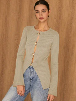 Online Golden Button Split Knit Top Sweater Tops|Sweaters & Cardigans