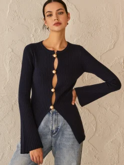 Online Golden Button Split Knit Top Sweater Tops|Sweaters & Cardigans