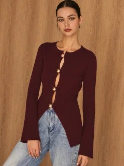 Online Golden Button Split Knit Top Sweater Tops|Sweaters & Cardigans