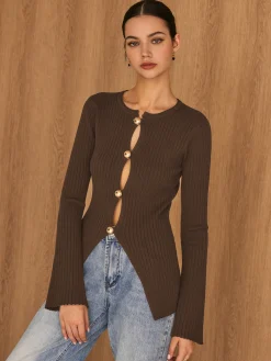 Online Golden Button Split Knit Top Sweater Tops|Sweaters & Cardigans
