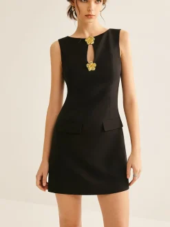 Online Golden Flower Brooch Cutout Tank Dress Black Dresses|Casual Dresses