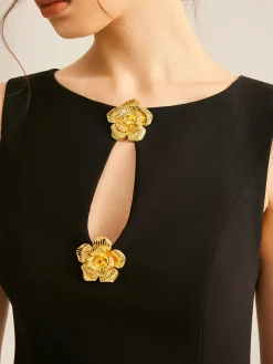 Online Golden Flower Brooch Cutout Tank Dress Black Dresses|Casual Dresses
