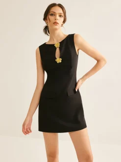 Online Golden Flower Brooch Cutout Tank Dress Black Dresses|Casual Dresses