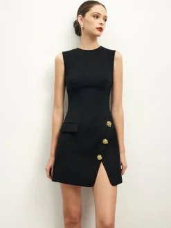 Discount Golden Rose Button Pocket Split Dress Black Dresses|Casual Dresses