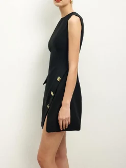 Discount Golden Rose Button Pocket Split Dress Black Dresses|Casual Dresses