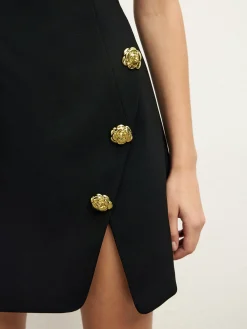 Discount Golden Rose Button Pocket Split Dress Black Dresses|Casual Dresses