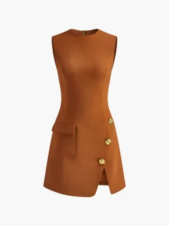 Discount Golden Rose Button Pocket Split Dress Black Dresses|Casual Dresses