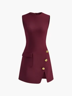 Discount Golden Rose Button Pocket Split Dress Black Dresses|Casual Dresses