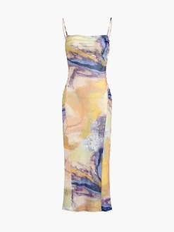 Clearance Granite Tie Dye Mesh Ruched Midi Dress Casual Dresses|Vacation Dresses
