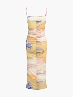 Clearance Granite Tie Dye Mesh Ruched Midi Dress Casual Dresses|Vacation Dresses