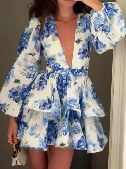 Online Grape Printed Ruffle Corset Dress Casual Dresses|Cocktail & Party Dresses