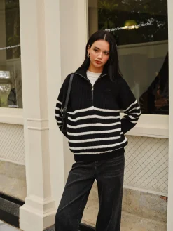 New Half-Zip Striped Sweater Sweater Tops|Sweaters & Cardigans