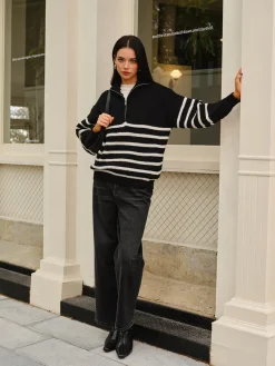New Half-Zip Striped Sweater Sweater Tops|Sweaters & Cardigans