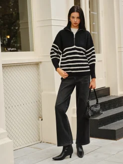 New Half-Zip Striped Sweater Sweater Tops|Sweaters & Cardigans