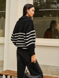 New Half-Zip Striped Sweater Sweater Tops|Sweaters & Cardigans