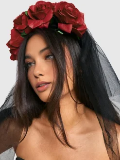 Sale Halloween Rose Flower Black Mesh Headband Hair Claws & Hats|Accessories