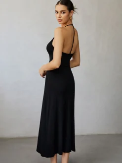 Discount Halter Backless Midi Dress Black Dresses|Casual Dresses