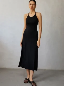 Discount Halter Backless Midi Dress Black Dresses|Casual Dresses