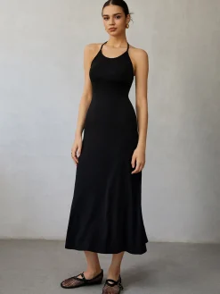 Discount Halter Backless Midi Dress Black Dresses|Casual Dresses