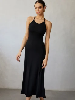 Discount Halter Backless Midi Dress Black Dresses|Casual Dresses