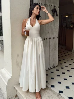 Hot Halter Backless Pockets Dress White Dresses|Black Dresses