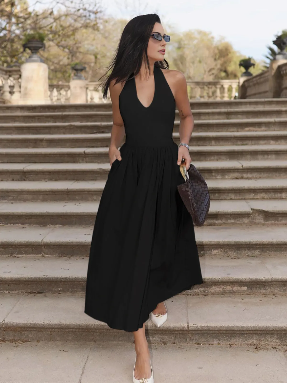 Hot Halter Backless Pockets Dress White Dresses|Black Dresses
