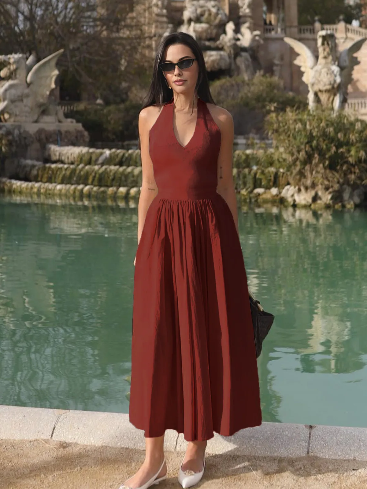 Hot Halter Backless Pockets Dress White Dresses|Black Dresses