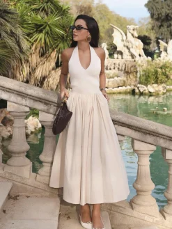 Hot Halter Backless Pockets Dress White Dresses|Black Dresses