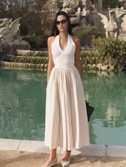 Hot Halter Backless Pockets Dress White Dresses|Black Dresses