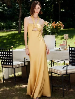 Clearance Halter Backless Satin Long Dress Cocktail & Party Dresses|Summer Dresses