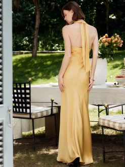 Clearance Halter Backless Satin Long Dress Cocktail & Party Dresses|Summer Dresses