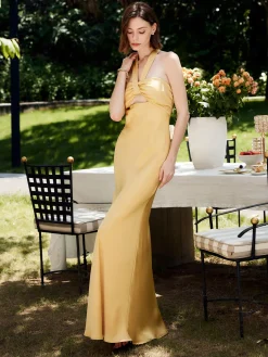 Clearance Halter Backless Satin Long Dress Cocktail & Party Dresses|Summer Dresses