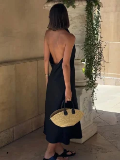 Outlet Halter Backless Satin Long Dress Black Dresses|Vacation Dresses