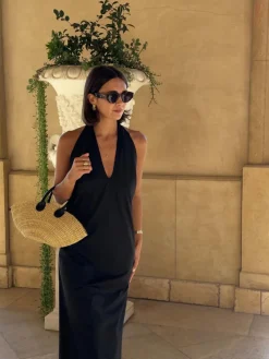 Outlet Halter Backless Satin Long Dress Black Dresses|Vacation Dresses