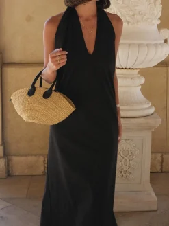 Outlet Halter Backless Satin Long Dress Black Dresses|Vacation Dresses