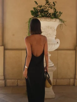 Outlet Halter Backless Satin Long Dress Black Dresses|Vacation Dresses