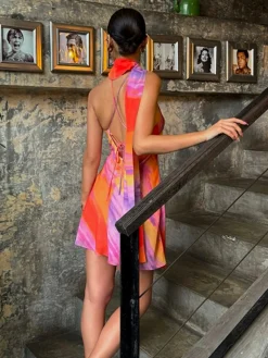 Best Halter Backless Tie Dye Short Dress Casual Dresses|Cocktail & Party Dresses