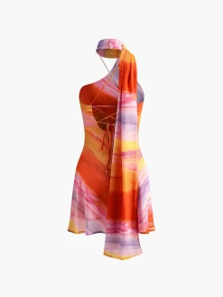 Best Halter Backless Tie Dye Short Dress Casual Dresses|Cocktail & Party Dresses