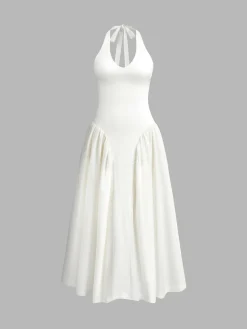 Discount Halter Backless Zipper Low Cut Dress White Dresses|Casual Dresses