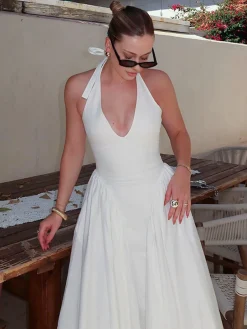 Discount Halter Backless Zipper Low Cut Dress White Dresses|Casual Dresses
