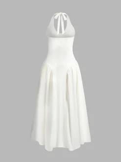Discount Halter Backless Zipper Low Cut Dress White Dresses|Casual Dresses